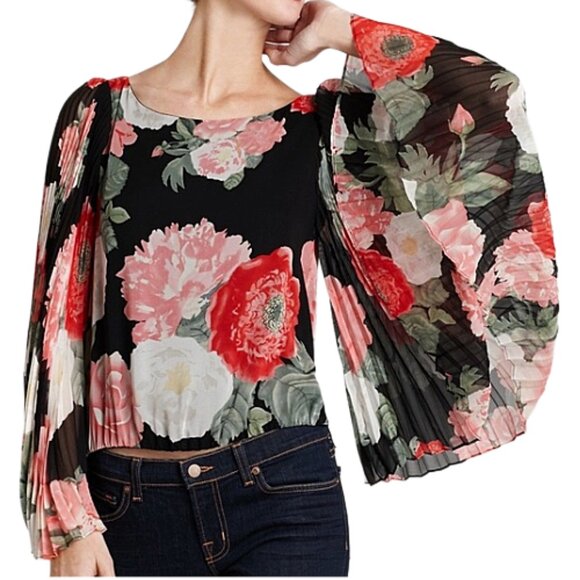 NWT Alice + Olivia Floral Accordion Pleat Sleeve Silk Blouse Black M Top - Picture 2 of 9